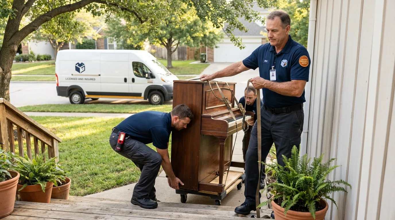 Licensed piano movers securing grand piano in Saddle River, NJ