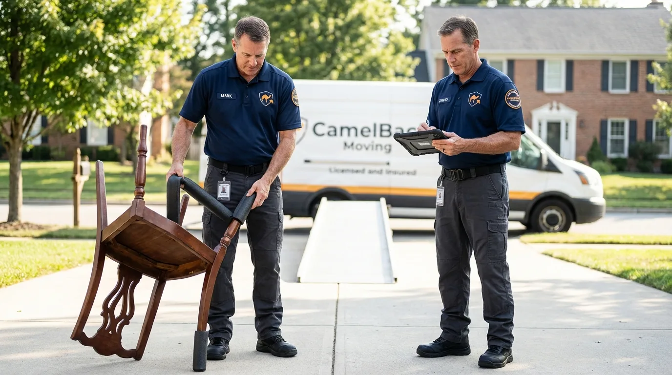 Movers inspecting furniture for damage prevention before loading in Saddle River, NJ