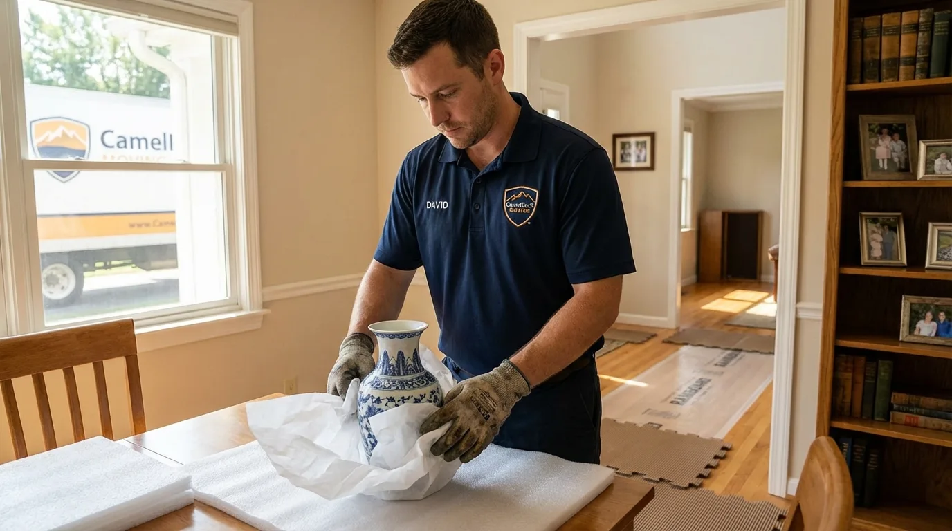 Professional crew carefully wrapping antique vase for senior downsizing move in Saddle River, NJ